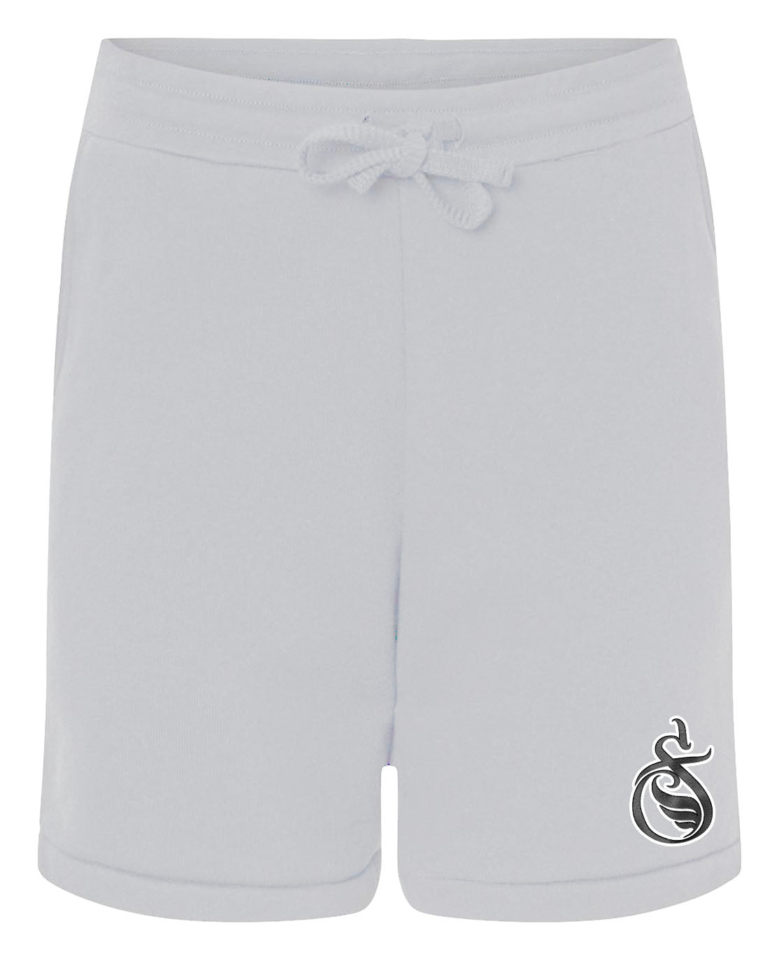 White Jogger Shorts Black Chenille Patch